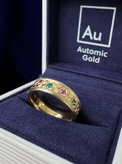 14k Yellow Gold Sapphires and Emerald on 6mm Flowers Milgrain Pattern Custom Ring