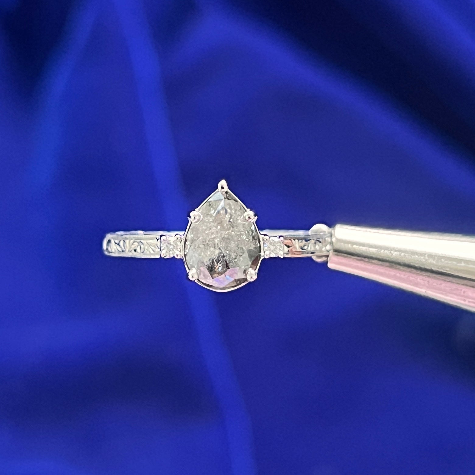14k White Rose-cut Salt and Pepper Pear Diamond Three stone Filigree Band Custom Ring