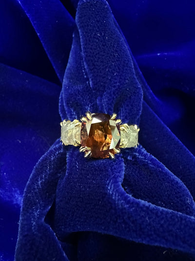 14k Yellow Gold Double Claw Prong Brown Cushion Cut Diamond with Salt and Pepper Diamonds Tapered Band with Lines Custom Engagement Ring