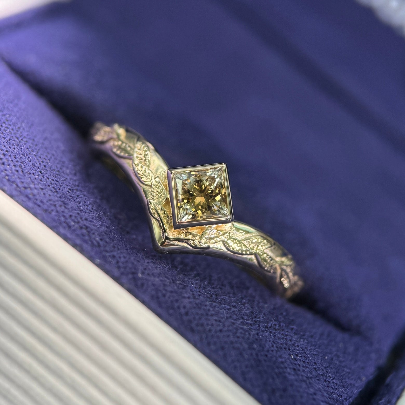14k Yellow Gold and Bezel-low-set 4.5mm Custom-grown Princess-cut Champagne Lab Diamond on 1/2 way around Leaves Engraved 2.5mm Band Custom Ring, size 6.5