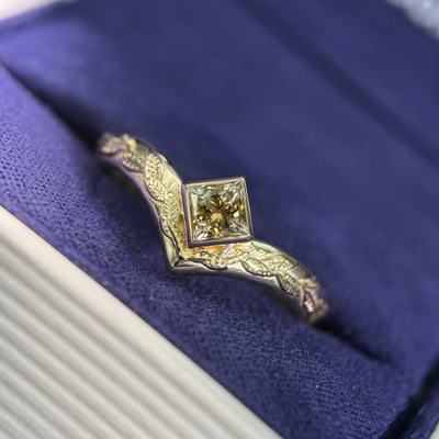 14k Yellow Gold and Bezel-low-set 4.5mm Custom-grown Princess-cut Champagne Lab Diamond on 1/2 way around Leaves Engraved 2.5mm Band Custom Ring, size 6.5