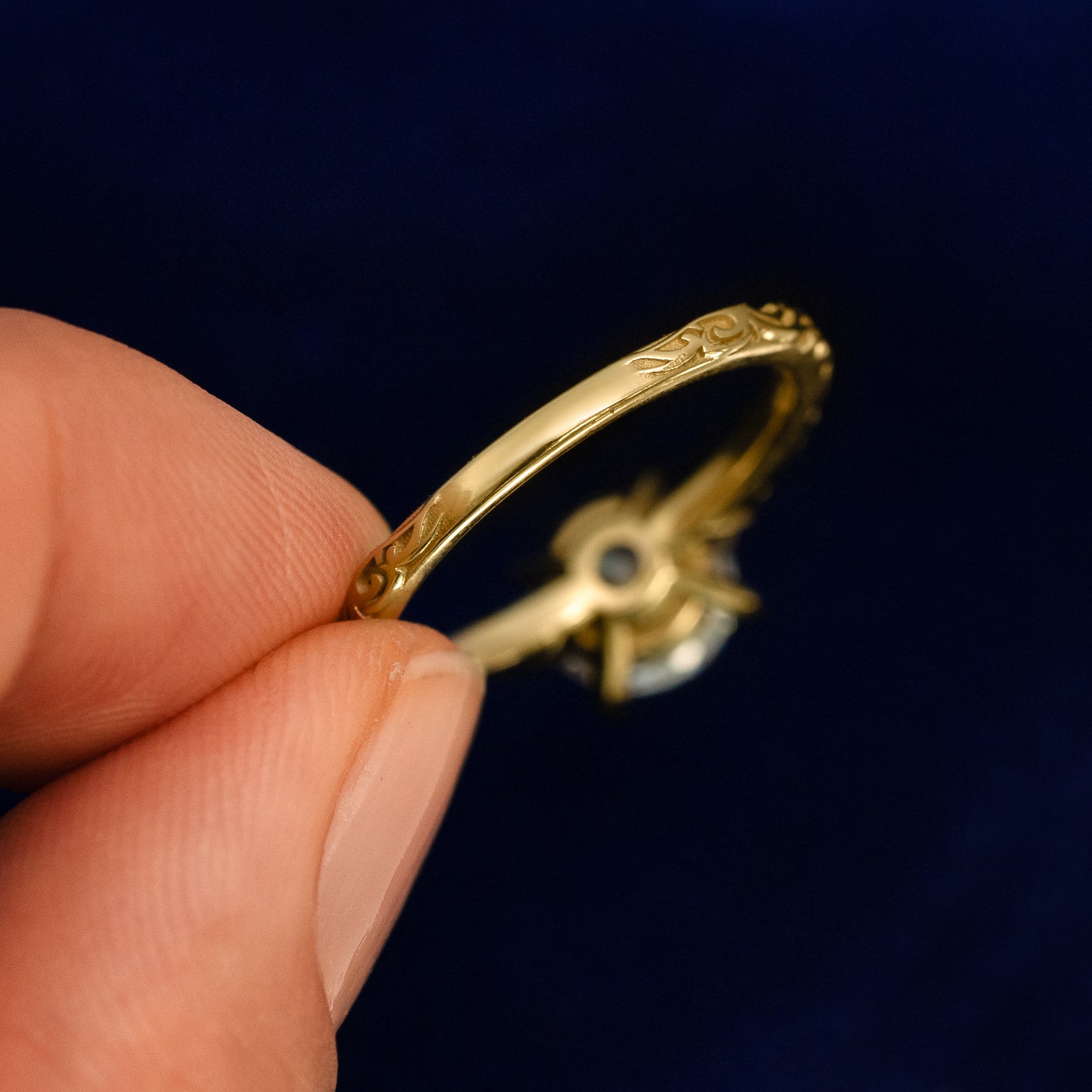 Back view of a solid 14k gold of Old Mine Cut Lab Diamond Filigree Ring 