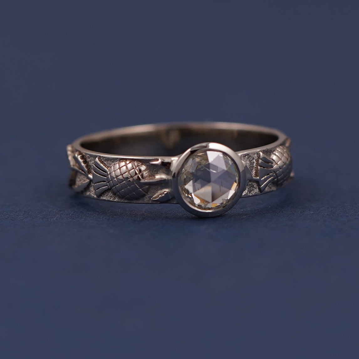 14k White Gold and Rose cut Round Diamond on Thick Band engraved with Pineapples Custom Ring