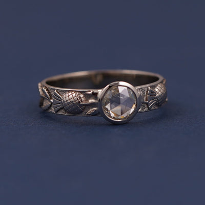 14k White Gold and Rose cut Round Diamond on Thick Band engraved with Pineapples Custom Ring