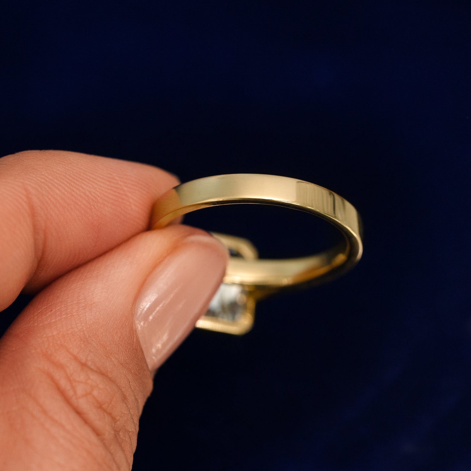 Back view of a solid 14k gold of Radiant Cut Lab Diamond Cathedral Ring