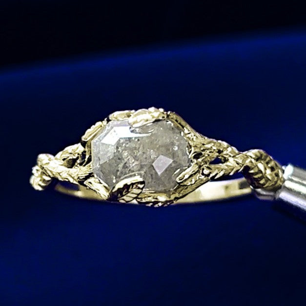 An octagon salt and pepper diamond held with leaf-shaped prongs on a band of twisted branches made from 14k champagne gold