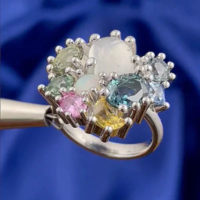 950 Platinum Sapphires with Moonstone and Opal on Tapered Mirror Curvy Band Custom Ring