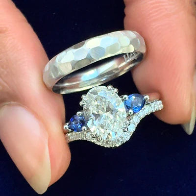 950 Platinum Oval Lab Diamond with 2pc Deep Blue Pear Sapphires Custom 3 Stone Ring with Nesting Band and 4mm Matte Hammered Curvy Band