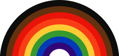 A graphic of an inclusive rainbow showing the colors of black, brown, red, orange, yellow, green, blue, and purple