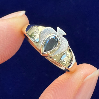 front view of 14k Yellow Gold and Pear Black Diamond Spade Ace Asexual Symbol on Tapered Band Custom Ring, size 6