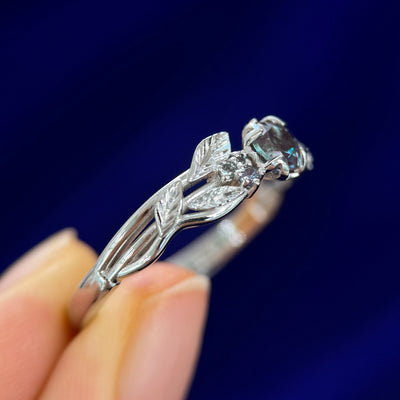 950 Platinum 5mm Alexandrite with Small Alexandrite on Custom Leaves Band, size 12.5