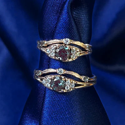14k Rose Gold Alexandrite and Moissanites Leaves Band Matching Custom Ring Set
