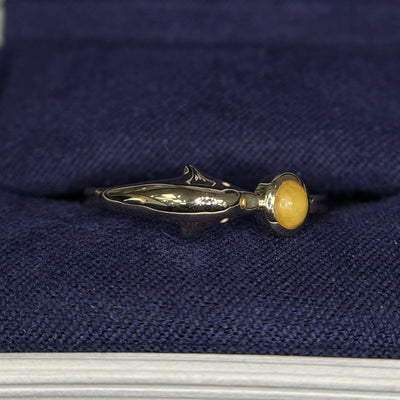 14k Yellow Gold and Customers Round Amber Gem Copy but Solid Dolphin Custom Ring, size 8.25