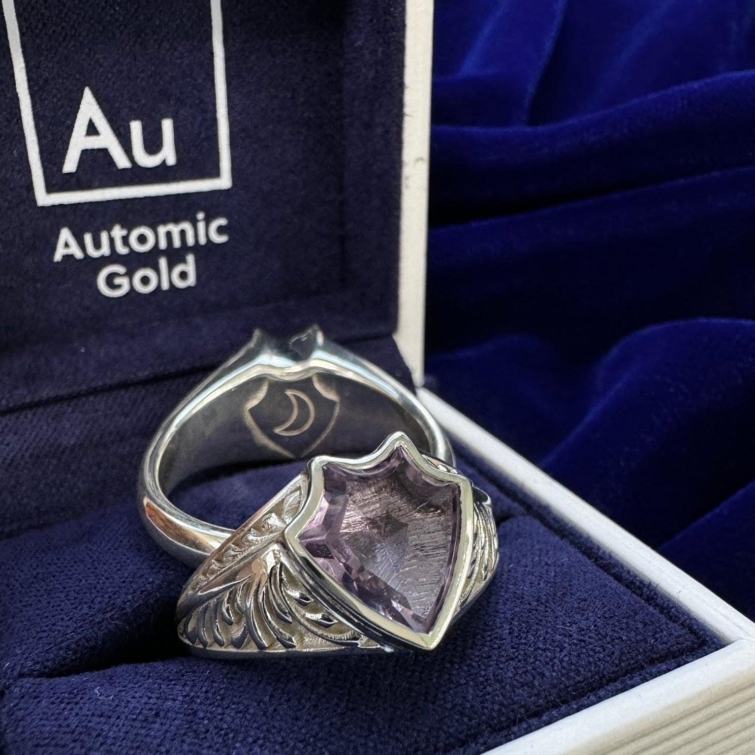 925 Sterling Silver 10mm Shield Cut Citrine with Moon Engravings and 10mm Shield Cut Amethyst with Sun Engraving Custom Matching Rings