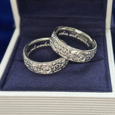 14k White Gold 5mm Band with Antique Flower Pattern with 5pc tiny Lab Alexandrites inside Custom Rings, Size 6 and Size 7