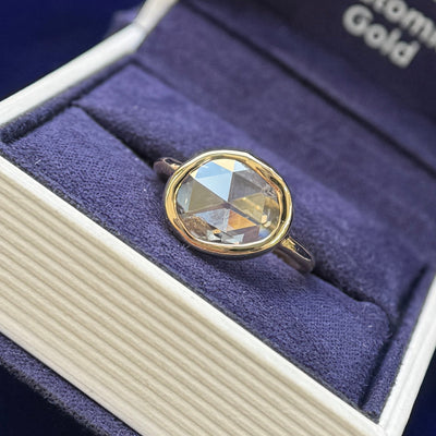 14k Yellow Gold and Low Melted Bezel 1.4ct Antique Rose-cut Diamond Custom Ring, size 5.75