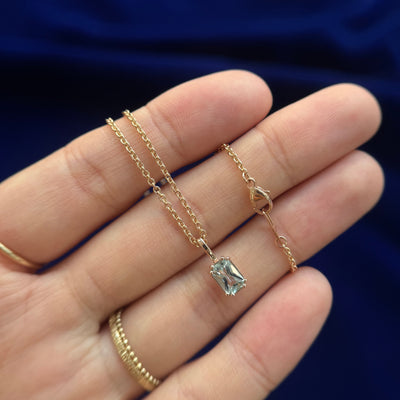 14k Rose Gold Bezel-double-prongs-set Customers Aquamarine Custom Charm with Thick Cable Chain 16 inch