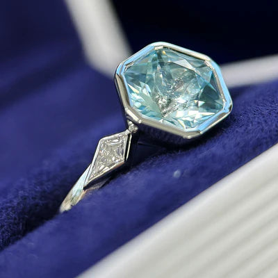 950 Platinum Bezel Set Hexagon Aquamarine with 2 Kite Lab Diamonds Custom Ring