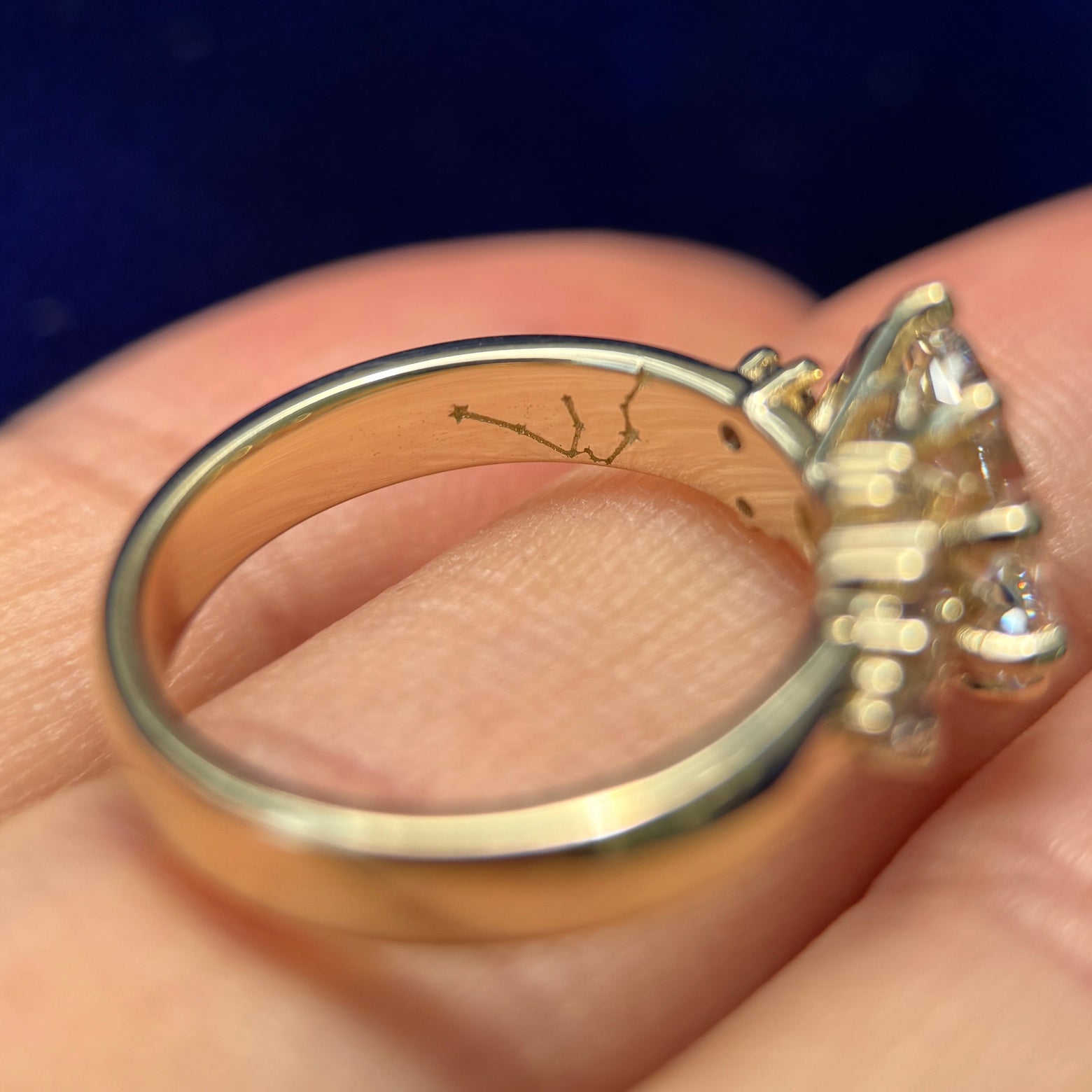 14k Yellow Gold & 2ct E/VVS Oval Lab Diamond & Cluster of Purple Sapphires & Aquarius and Cancer engraved on Band Custom Ring, size 6