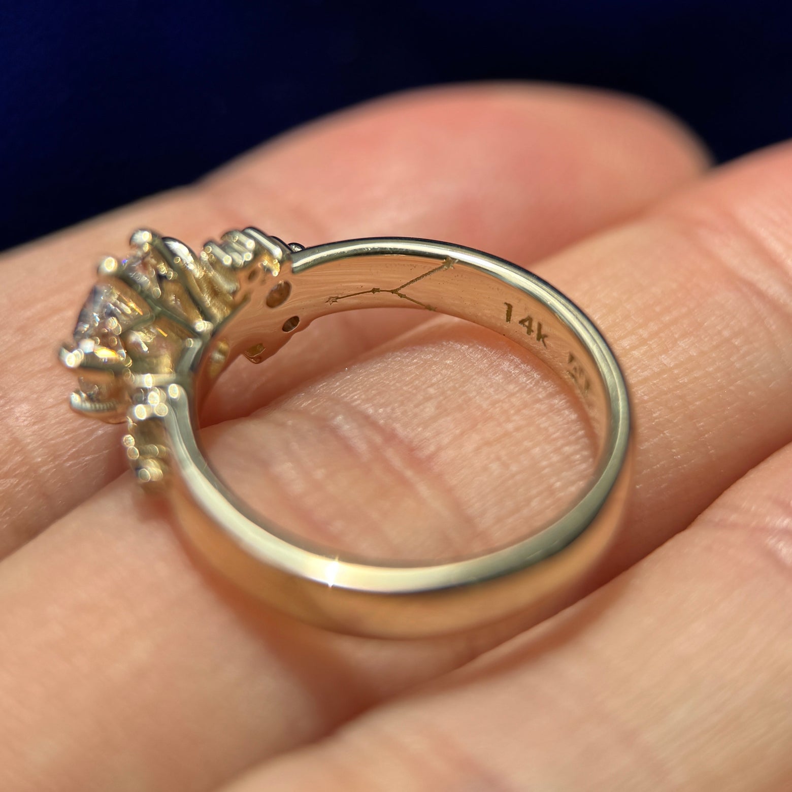 4k Yellow Gold & 2ct E/VVS Oval Lab Diamond & Cluster of Purple Sapphires & Aquarius and Cancer engraved on Band Custom Ring, size 6