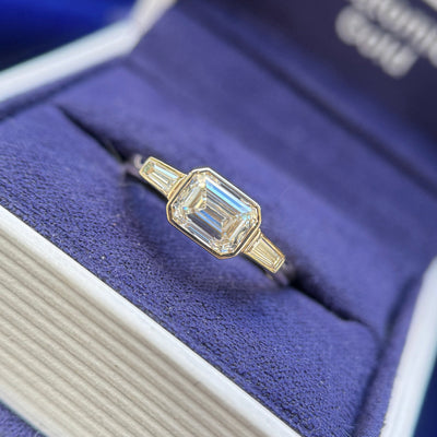 10k Yellow Gold and High-set 1ct Emerald-cut with 2pc Tapered Baguettes Lab Diamonds Custom Ring, size 6.5