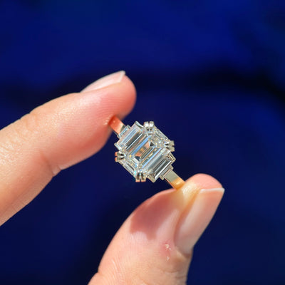 14k Yellow Gold Emerald Cut Lab Diamond with Baguette Lab Diamonds Art Deco Inspired Custom Ring