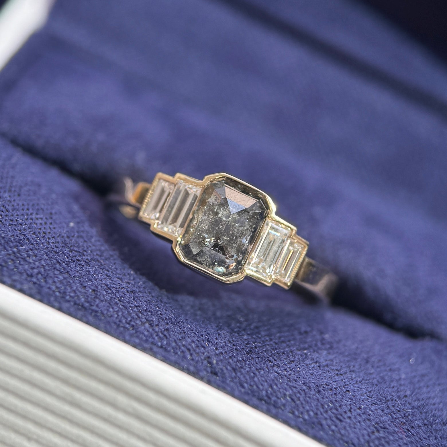 front view of 14k Yellow Gold and 1ct Salt-and-pepper Emerald-cut Diamond with 4pc Baguette Lab Diamonds on 2mm Band Custom Ring, size 5.25
