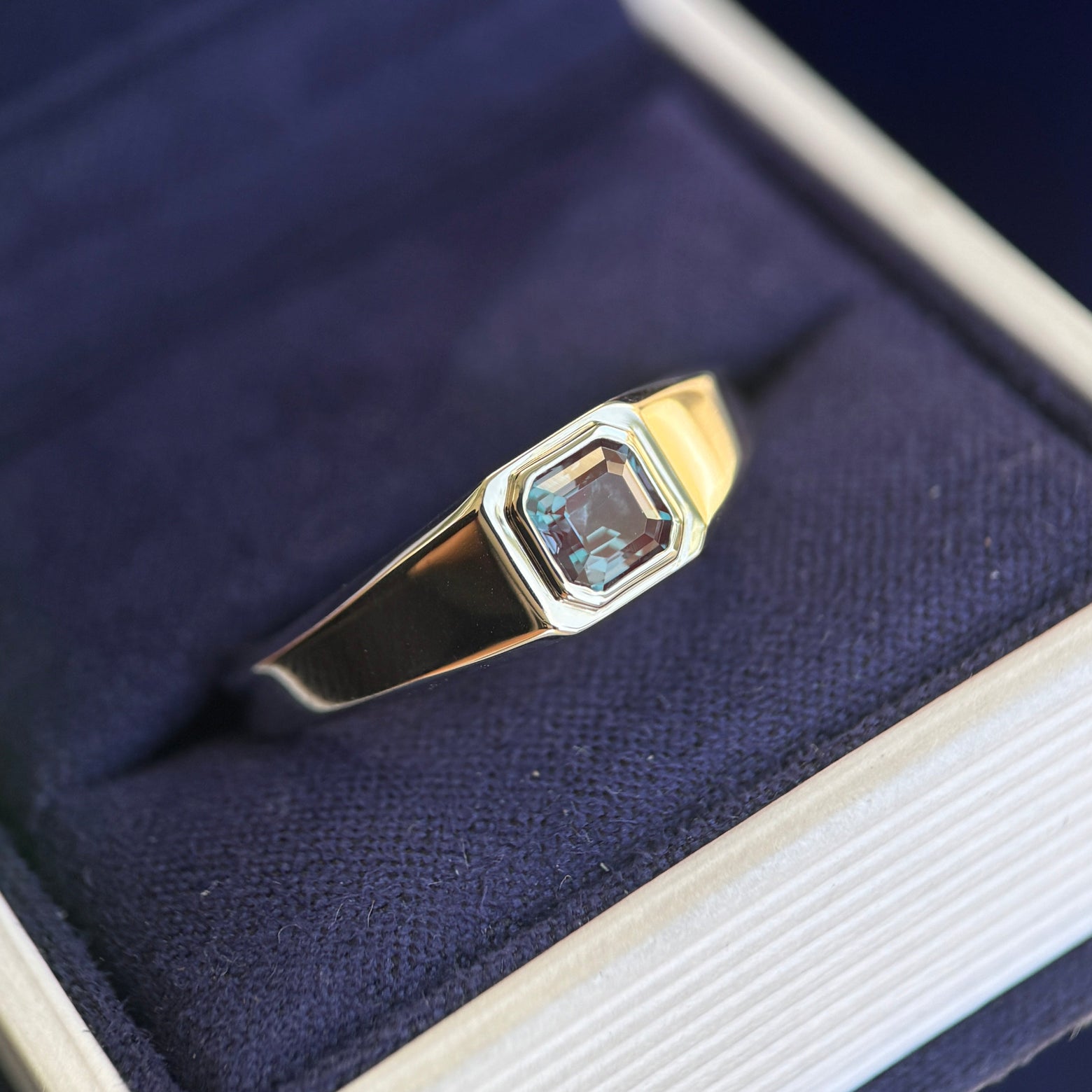 14k Champagne Gold with 5mm Asscher Alexandrite Signet Ring, size 9.75
