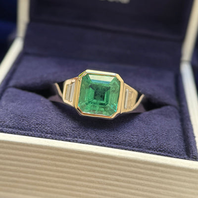 14k Yellow Gold and 9mm 4ct Asscher Lab Emerald with 4pc Clear Baguette Diamonds on Chunky Tapered Band Custom Ring, size 12