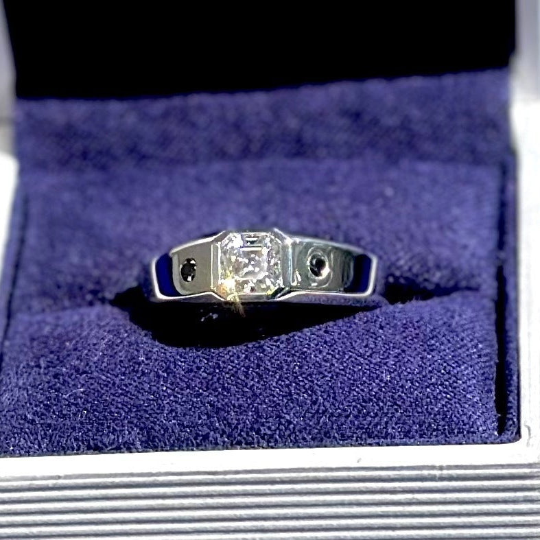 950 Platinum Asscher Moissanite Signet Ring w/ set of 2mm black diamonds on each side, Engraved "Feels Like Home" inside, Size 7