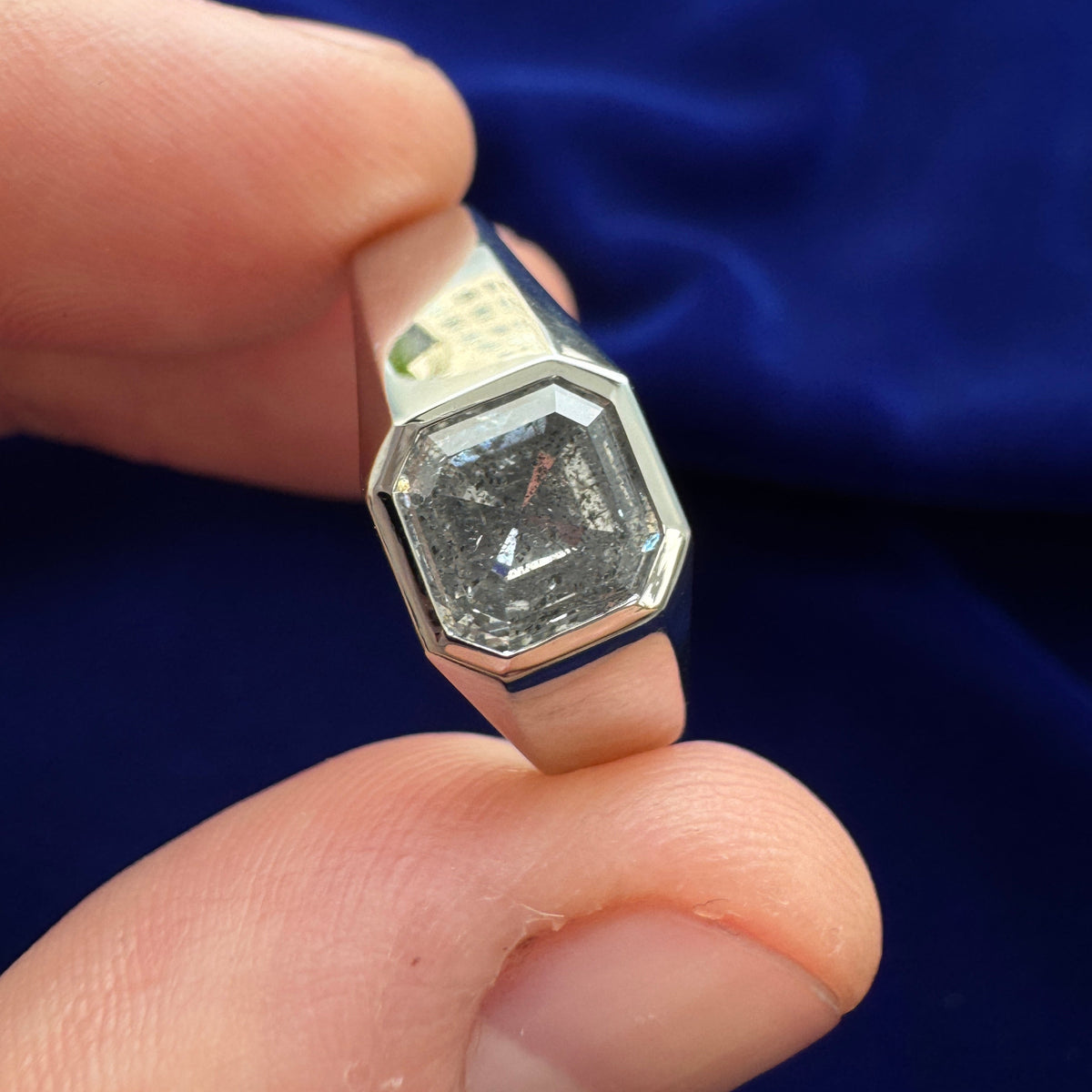 950 Platinum and Flush set 2.40ct Asscher Salt and pepper Diamond on 5mm Mirror Mix Band Custom Ring, size 9.25