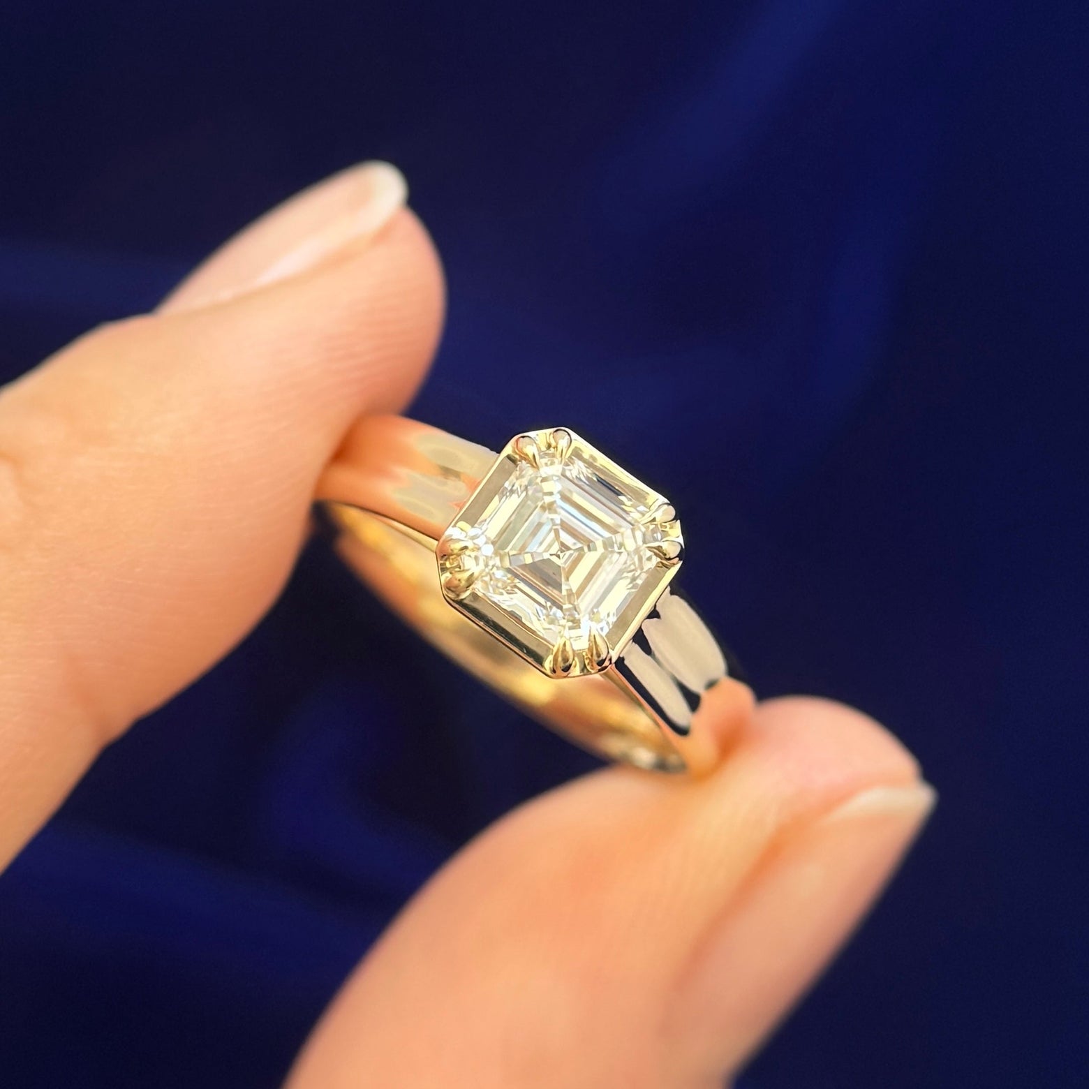 14k Yellow Gold Claw-Prongs-set 1ct Asscher Lab Diamond on 4mm Double Curvy Mirror Band Custom Ring, Size 6.75