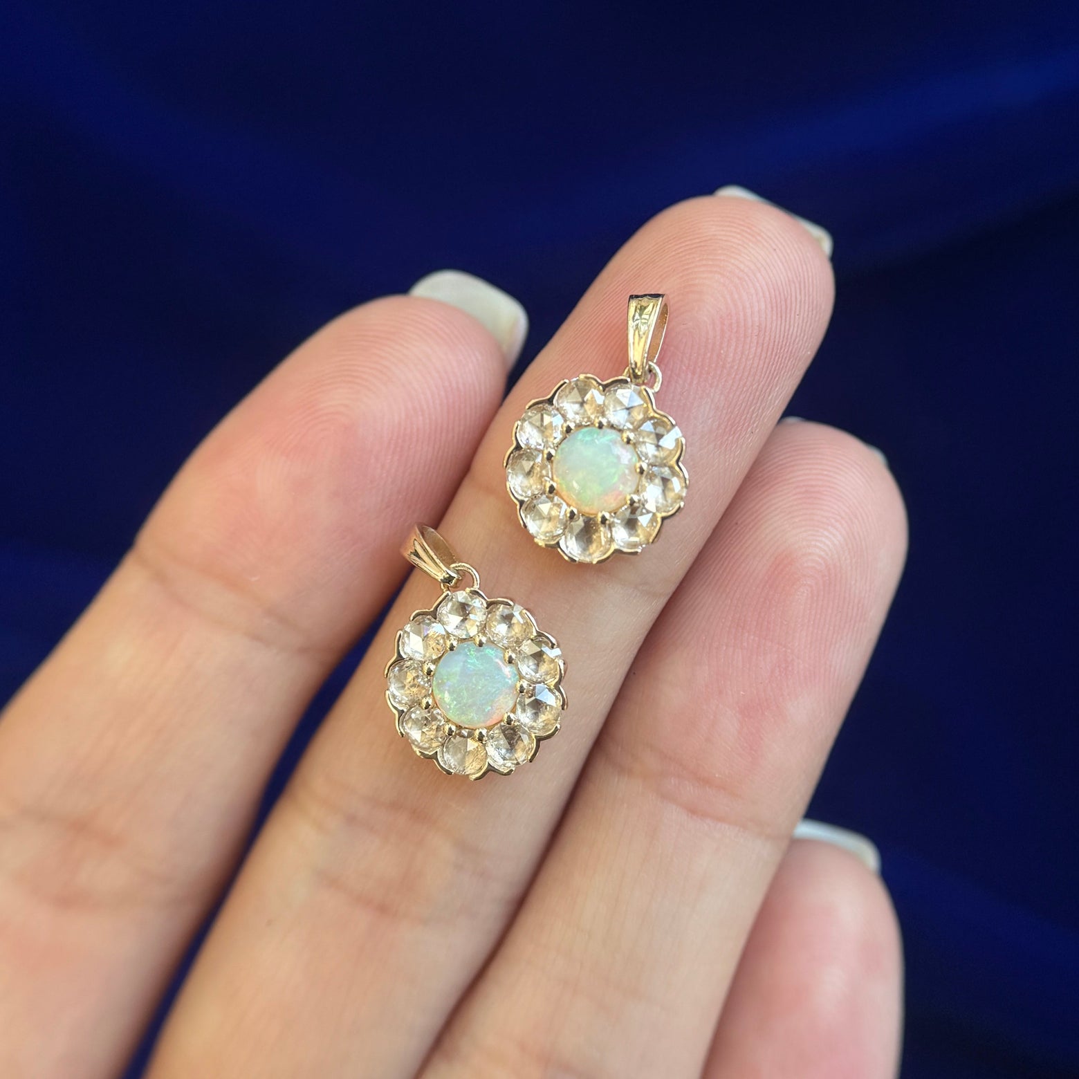 Two 14k Yellow Gold and 0.30ct 5.2mm Australian Opal with Round Clear Diamonds Halo Custom Pendants