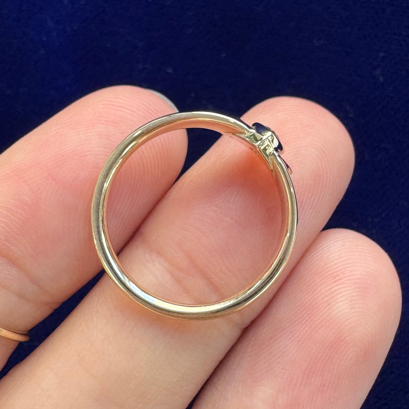 side view of 14k Yellow Gold and Pear Black Diamond Spade Ace Asexual Symbol on Tapered Band Custom Ring, size 6