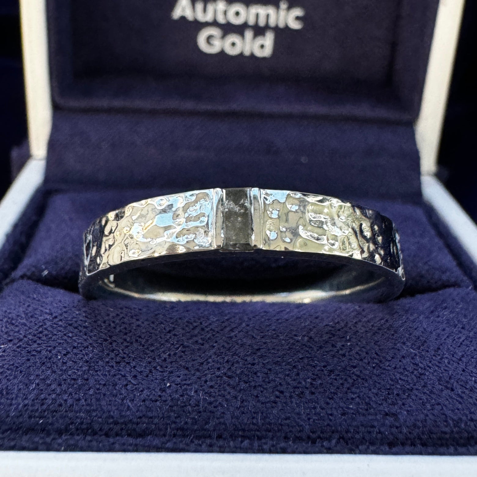 14k White Gold Salt and Pepper Baguette Diamond Custom Band w/ Organic Texture, Size 12