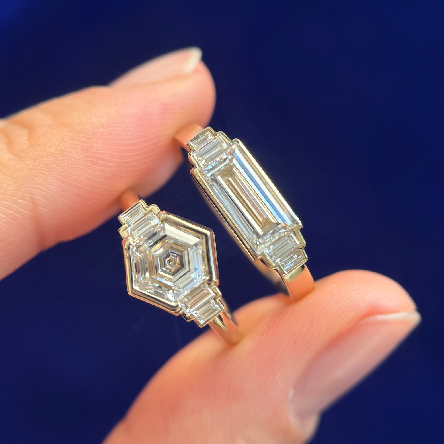 14k Yellow Gold with Shared-bezel 1ct Baguette and 1ct Hexagon Lab Diamonds Custom Couple Matching Engagement Rings Set, size 4.75 and 7.25