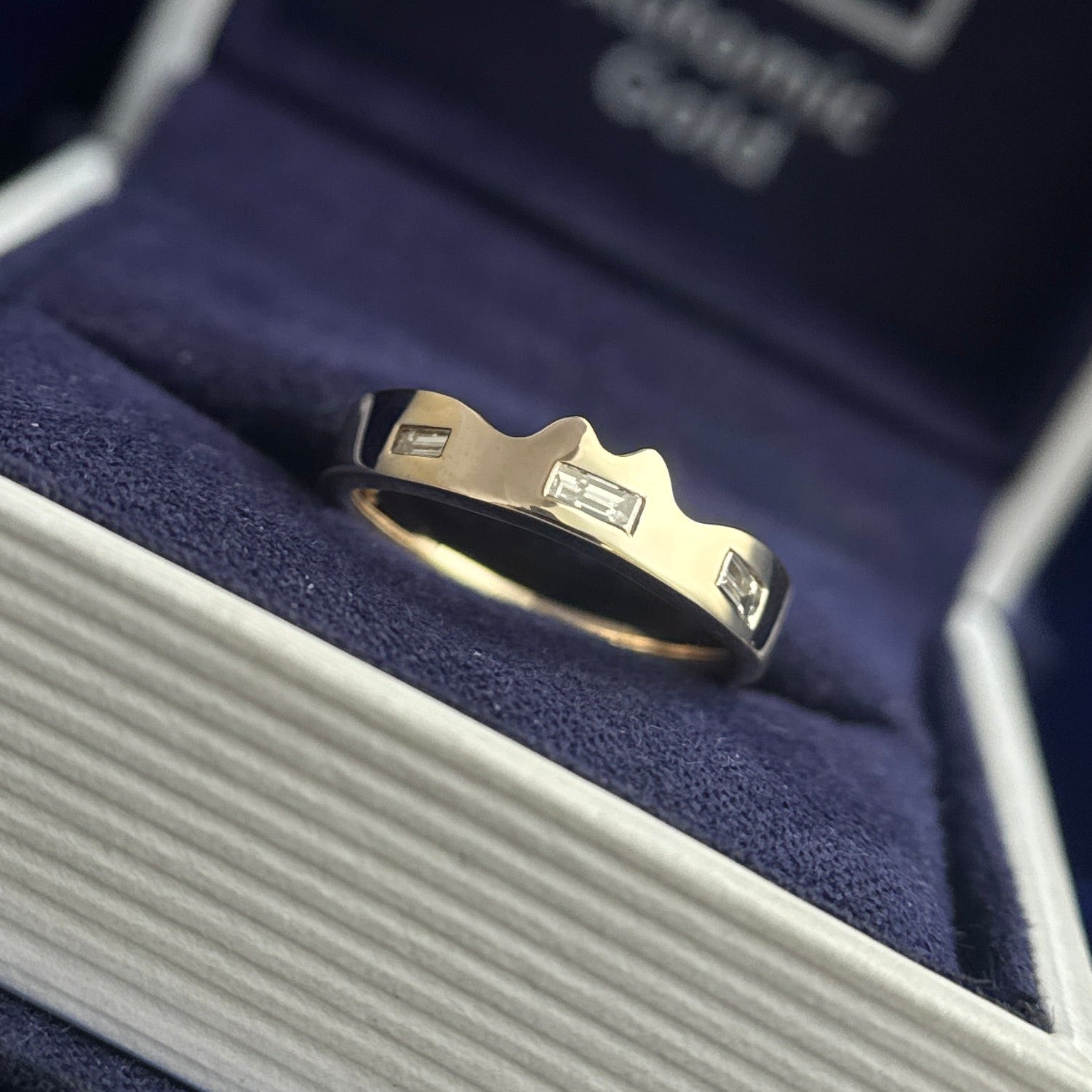14k Yellow Gold Flush-set 3pcs Baguette Natural Diamonds on 3mm Mix Mirror Band Nesting with Clients Engagement Ring, Size 4