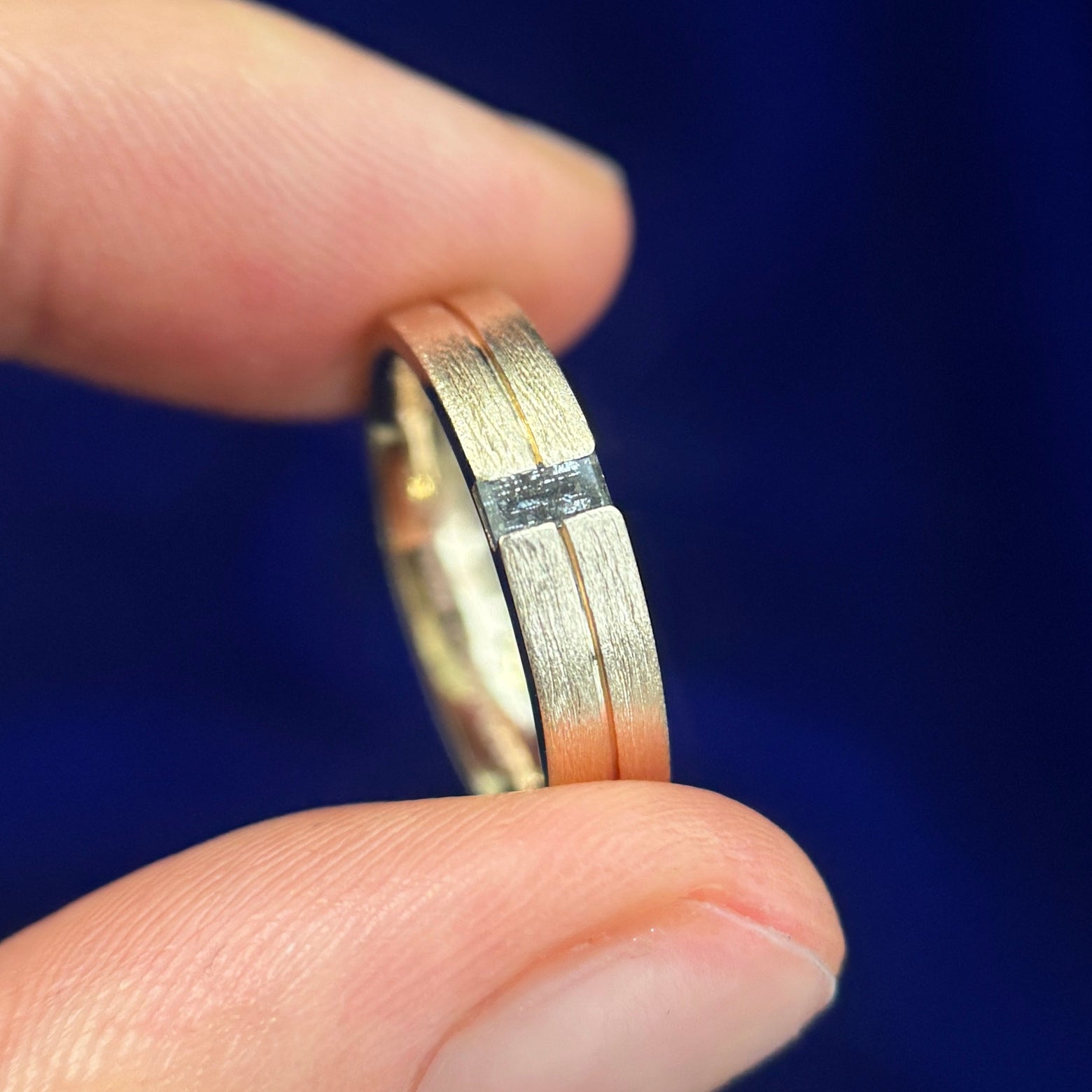 14k Yellow Gold Salt & Pepper Baguette Custom Brushed Diamond Band, Custom Groove line engraved on the band & " Bubs Forever " engraved inside the band, size 6.5