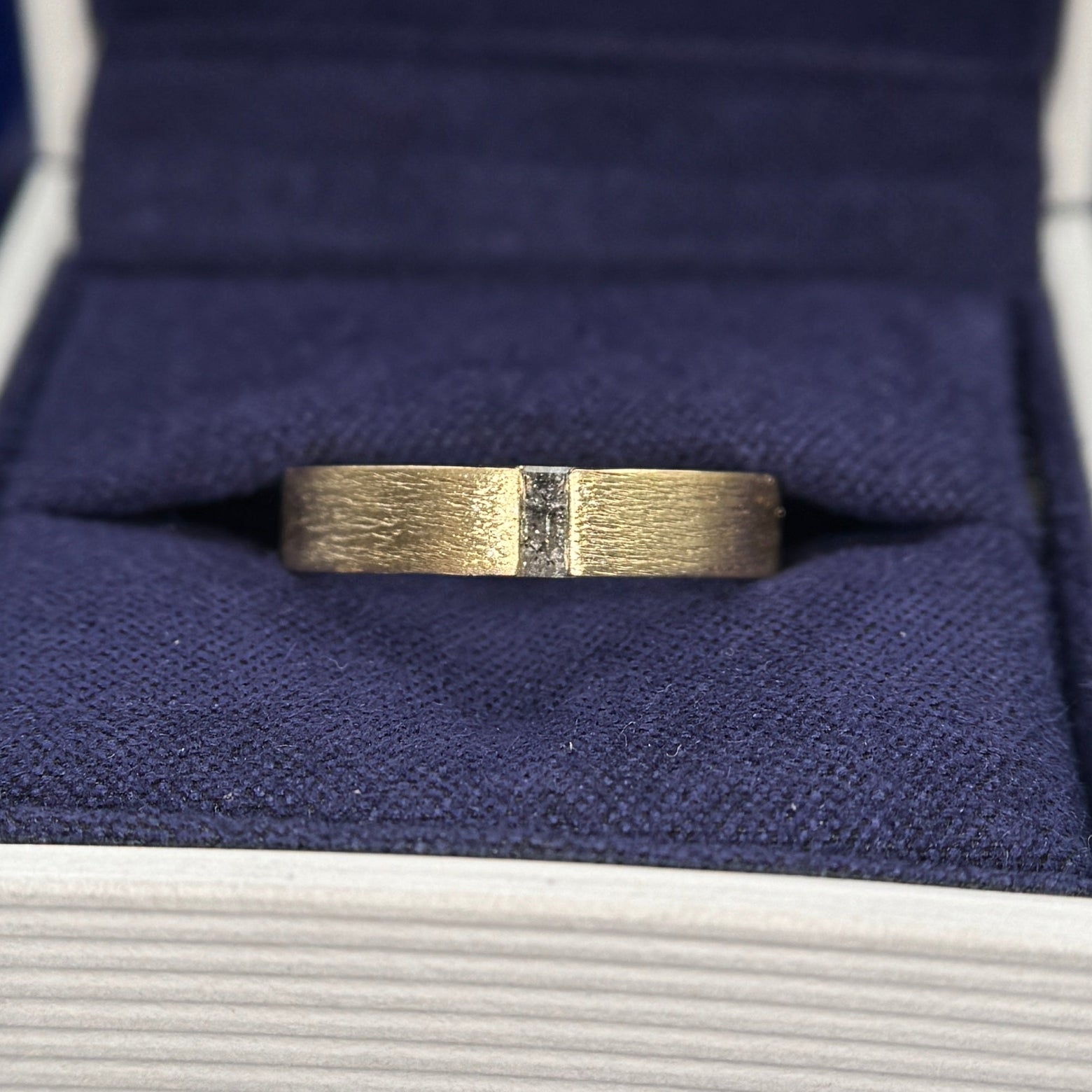 14k Yellow Gold Flush-set 4x2mm Baguette Salt and Pepper Diamond on 4mm Industrial Brushed Band Custom Ring Size 6.5