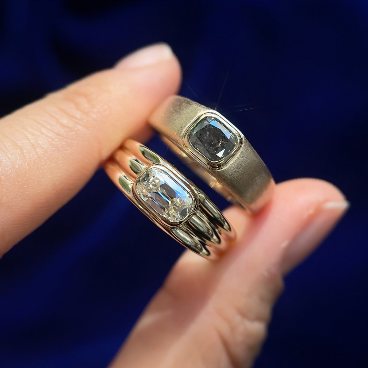 14k Yellow Gold and Bezel Low Set Elongated Old Miner Lab Diamonds and Salt and Pepper Diamond Matching Couple Rings, size 8.25 and 8