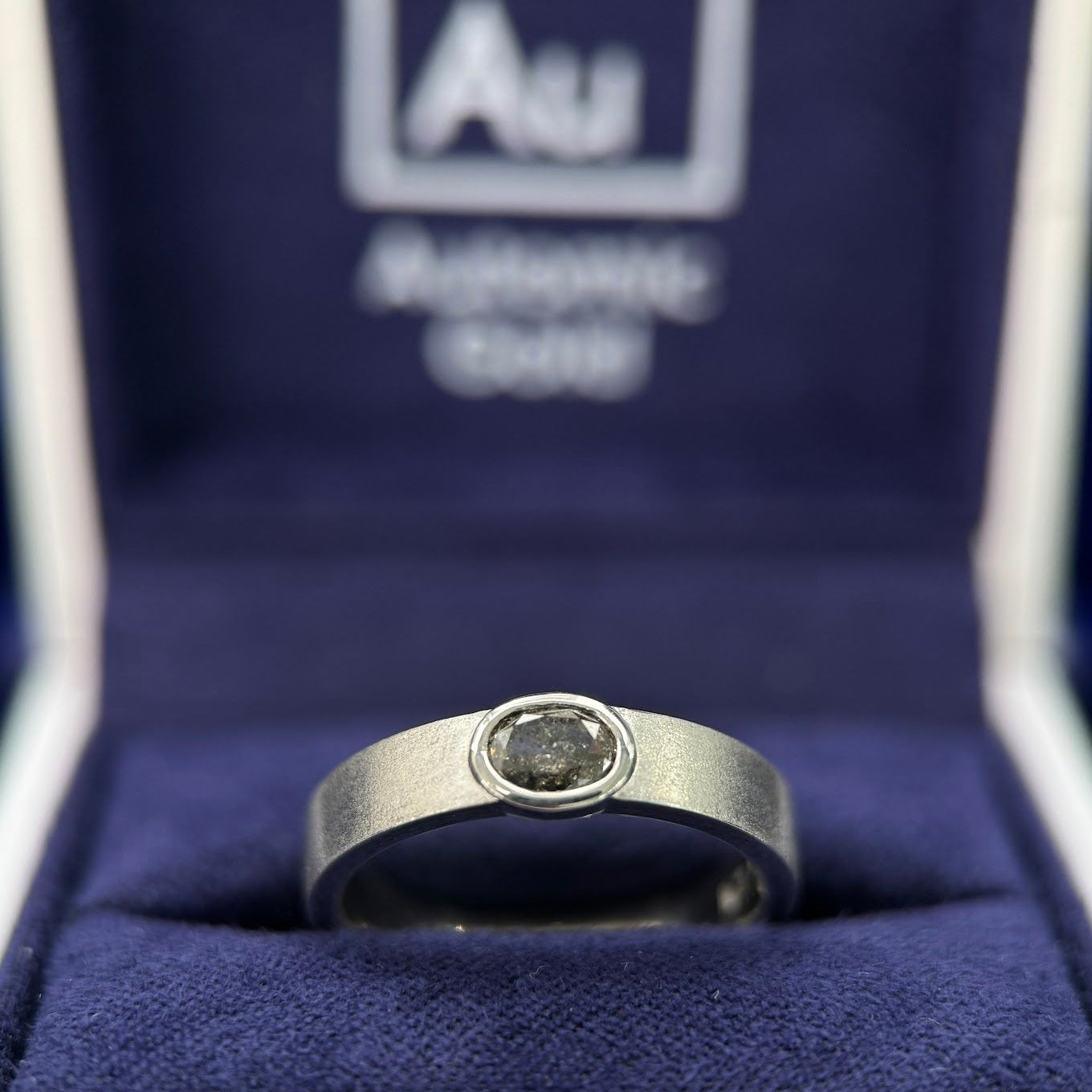 950 Platinum Oval Lab Diamond with Salt and pepper Diamonds and Oval Salt-and-pepper Diamond on 4mm Industrial Matte Band Custom Rings