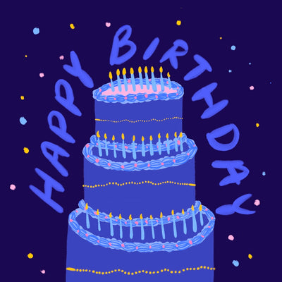 A digital gift card from Automic Gold with the words Happy Birthday and a hand drawn three tier cake decorated in jewelry