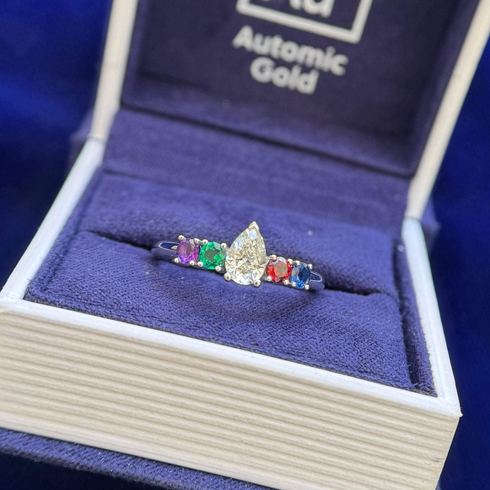 10k White Gold Prongs-set 3mm Round Amethyst Emerald with 0.55ct Pear Diamond with Garnet Sapphire Natural Gems on 2mm Curvy Mirror Band Custom Ring Size, 8