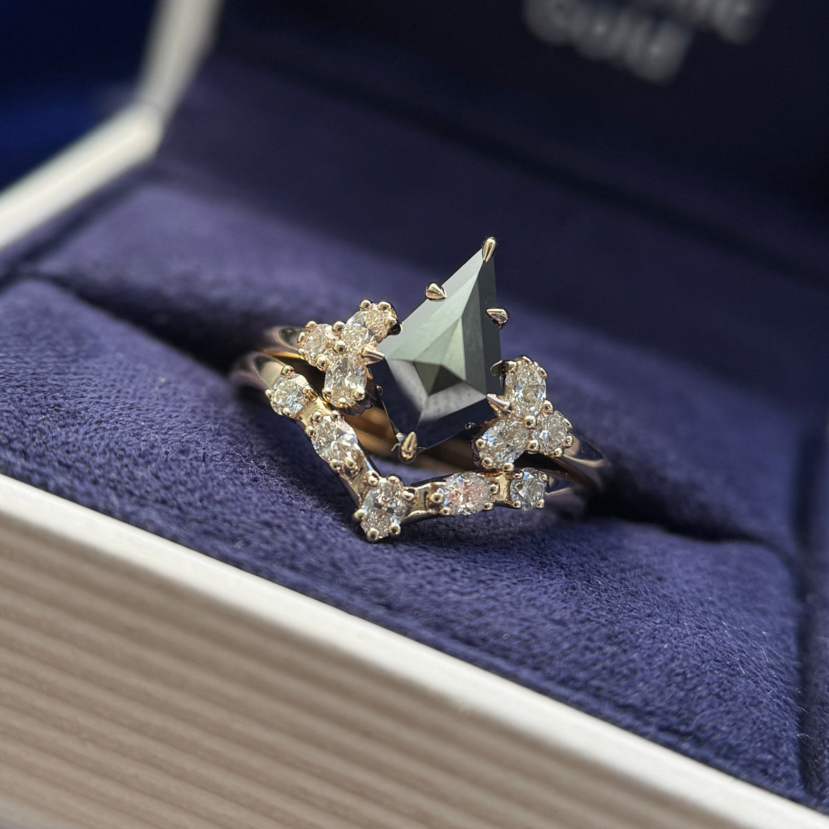 10k Yellow Gold Kite Black Moissanite with Cluster of Lab Diamonds Engagement and Wedding Band Rings set, size 4