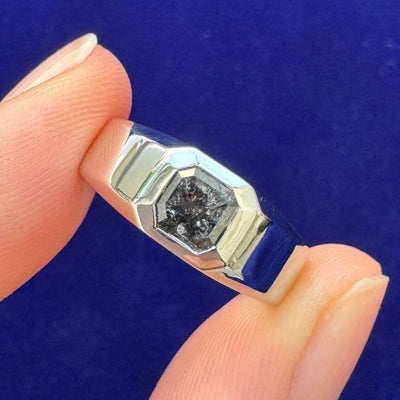 950 Platinum 1ct Asscher Salt-and-pepper Chunky Signet Custom Ring, size 6