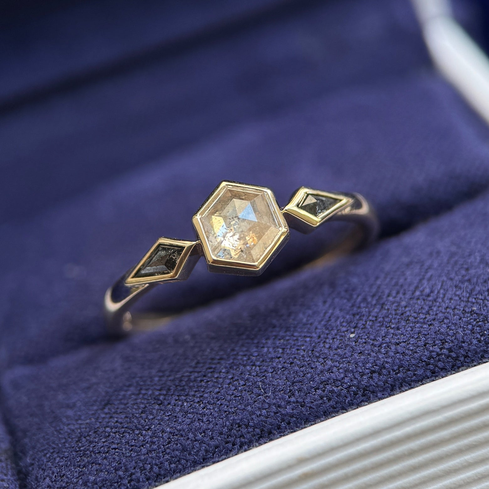 14k Yellow Gold Bezel-set Hexagon Salt and Pepper Diamond Black and White Custom Ring, Size 7.5