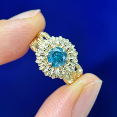 14k Yellow Gold Low Bezel-set 0.77ct Round Blue Diamond w/ Rounded Petals on 2.4-8mm Tapered Branches & Leaves Comfort-fit Band Custom Engagement Ring, size 6.5