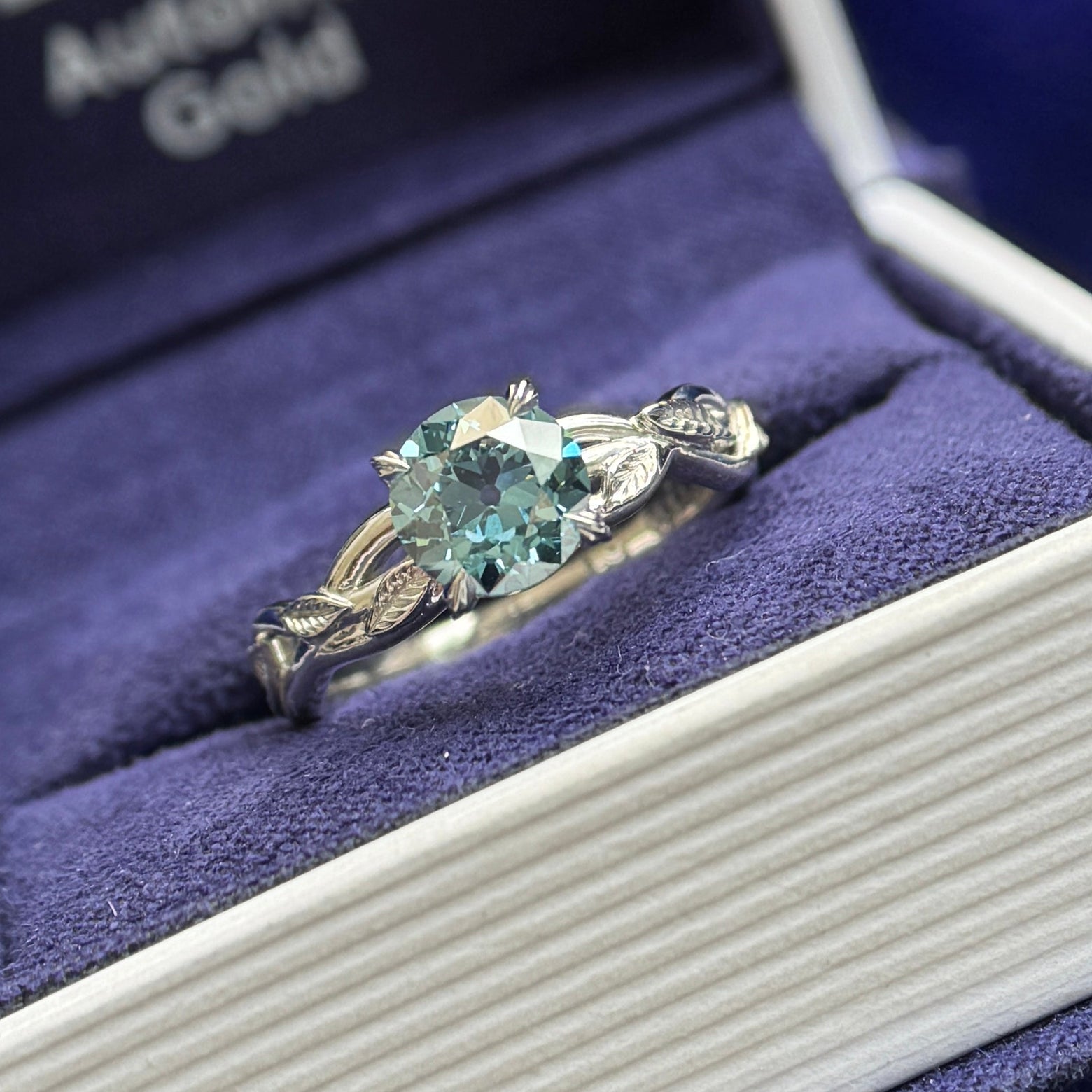 950 Platinum and 1.25ct Old Mine Grey-blue Lab Diamond on Engraved Leaf Vines Band Custom Ring, size 6