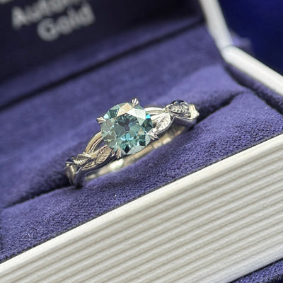 950 Platinum and 1.25ct Old Mine Grey-blue Lab Diamond on Engraved Leaf Vines Band Custom Ring, size 6