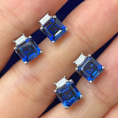 14k White Gold Asscher Blue Lab Sapphire and Baguette Lab Diamonds Stud Earrings